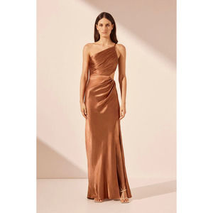 NWT Shona Joy La Lune Asymmetrical Gathered Maxi Dress in Almond‎ Size US 8